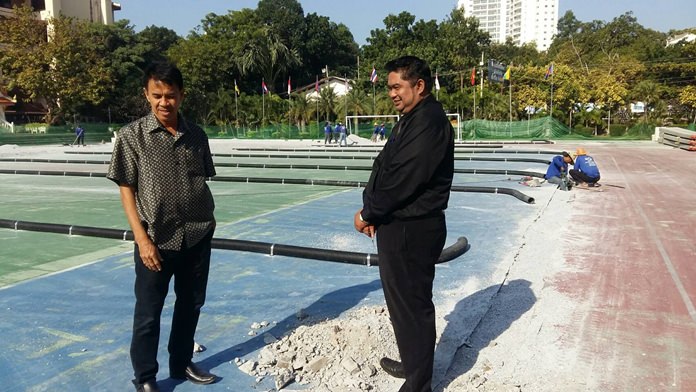 Directors of Pattaya School 9 follow up on the progress of the new football stadium.