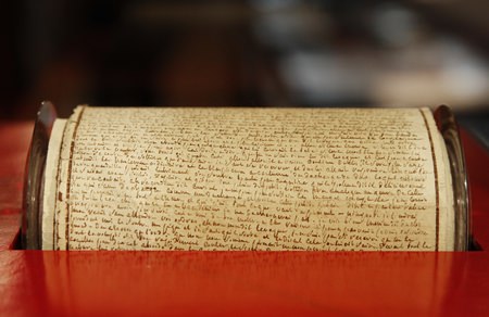 The original manuscript of “The 120 Days of Sodom or the School of Libertinage,” by French writer Marquis de Sade is shown on display at an auction house in Paris, Tuesday, Dec. 19. (AP Photo/Christophe Ena)