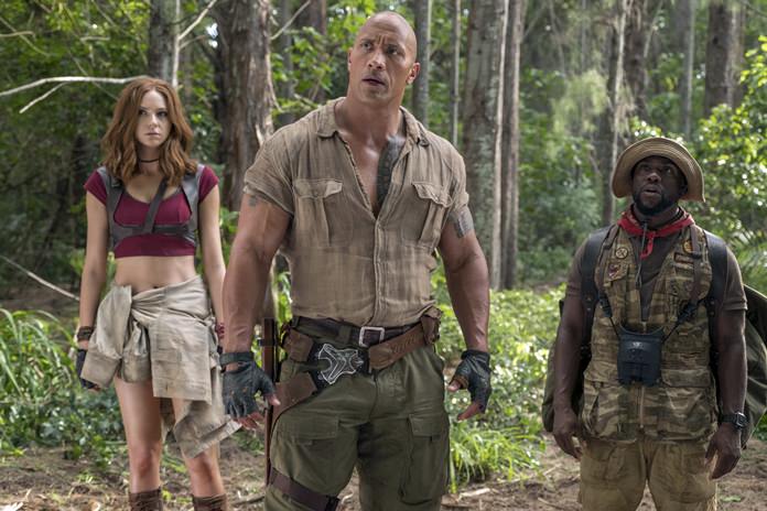 This image shows (from left) Karen Gillan, Dwayne Johnson and Kevin Hart in a scene from “Jumanji: Welcome to the Jungle.” (Frank Masi/Sony Pictures via AP)