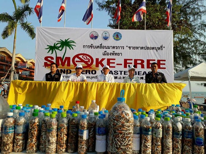 Enforcement of Thailand’s ban on smoking on the beach begins Thursday, Feb. 1, and Pattaya officials are spending the final few days letting everyone know what’s coming. Shown here, Mayor Anan Charoenchasri leads a quit-smoking event on Jomtien Beach with officials from the Disease Control Department, Pattaya police representatives, and Marine and Coastal Resources Management Office 2. 