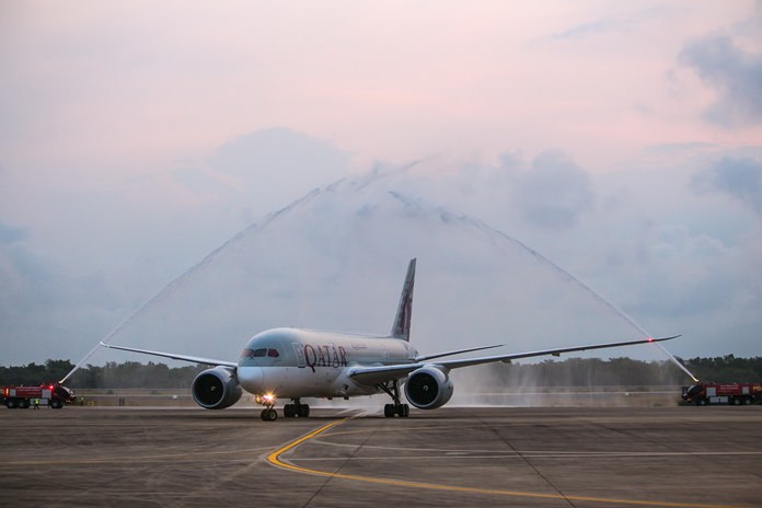 Traditional water fountain welcome at the U-Tapao Airport as the inaugural flight landed.