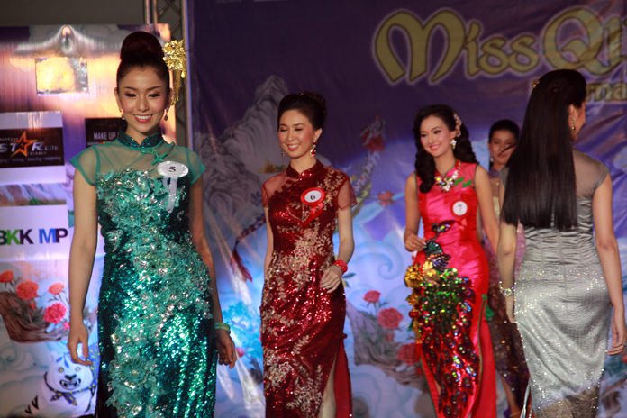 Gorgeous models compete in the Miss Qipao International semifinals at Central Festival Pattaya Beach.