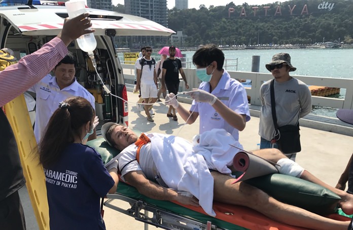 Caeohob Sazonov was taken to hospital after he speared his hand and leg while spearfishing off Koh Larn.