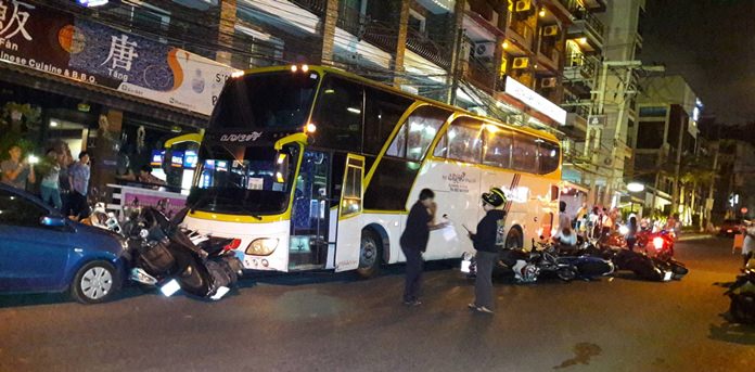 No one was injured when a runaway tour bus plowed over motorbikes and into cars on Pratamnak Hill.