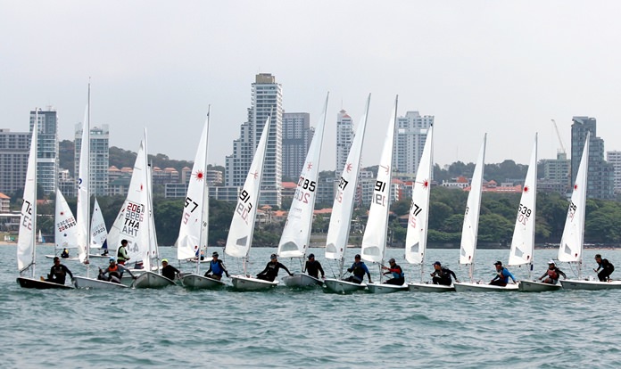 Lasers line up at the start of a Standard race off Royal Varuna Yacht Club, Sunday, Feb. 25.