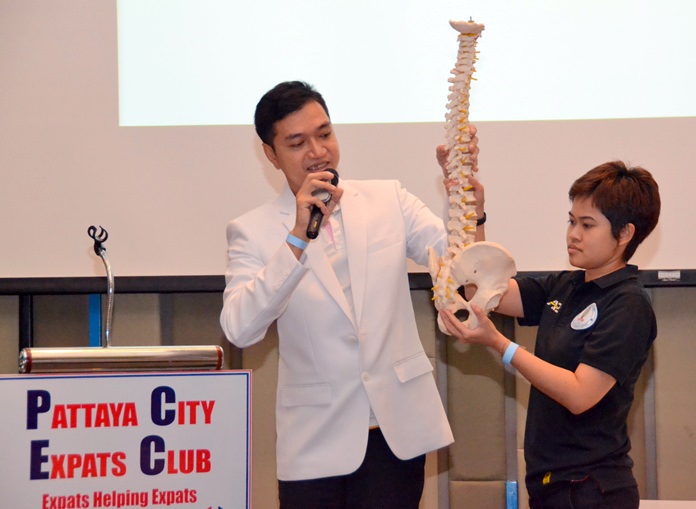 Nat uses a model of the human spine as he describes how some 85% of lower back pain is caused by improper posture or movement.