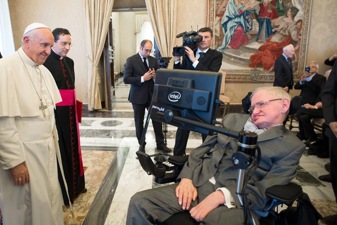 In this Monday, Nov. 28, 2016 file photo Pope Francis greets physicist Stephen Hawking during an audience with participants at a plenary session of the Pontifical Academy of Sciences, at the Vatican. (L’Osservatore Romano/pool photo via AP, File)
