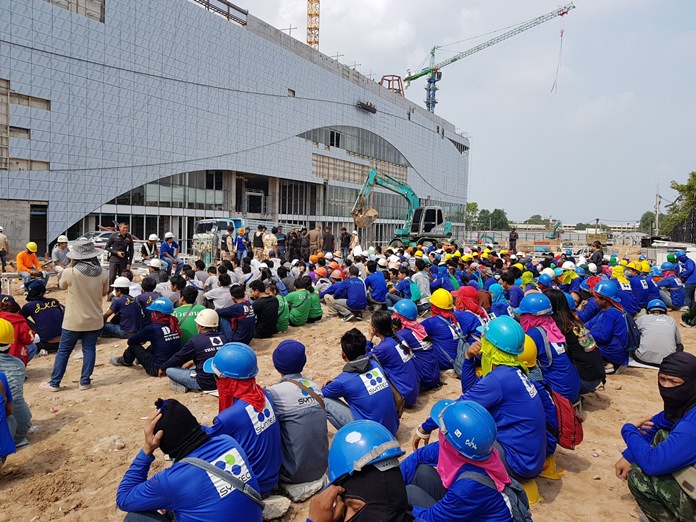 Police, soldiers and labor officials raided the construction site for Pattaya’s Terminal 21 shopping mall after claims some of the 1,000 laborers on site were employed illegally.