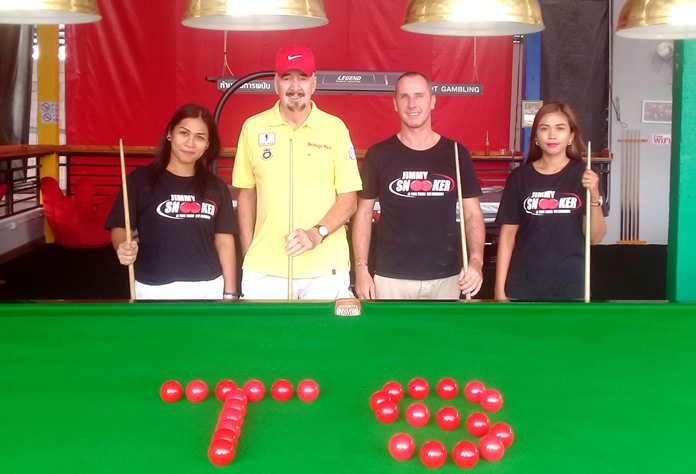 Jimmy’s Snooker Club at Tree Town Soi Buakhao was officially opened last month by retired professional snooker player and promoter from the UK, Mike Tandy (pictured 2nd left). Now resident here in Pattaya, Mike performed a selection of snooker trick shots for staff and customers to enjoy.