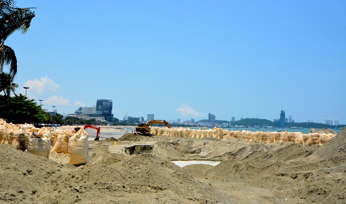 The rebuilding of Pattaya Beach is underway again with Mayor Anan Charoenchasri vowing the long-delayed project finally will be completed by August.