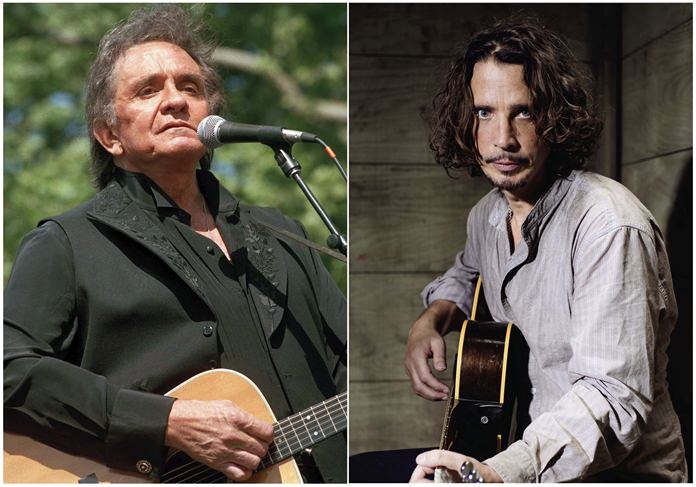 In this combination photo, Johnny Cash (left) performs at a benefit concert in Central Park in New York on May 23, 1993, and Chris Cornell (right) plays guitar during a portrait session at The Paramount Ranch in Agoura Hills, Calif., on July 29, 2015. (AP Photo/Joe Tabacca, File)