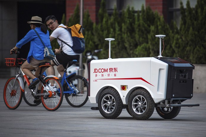 This undated image provided by JD.com shows an autonomous delivery vehicle. (JD.com via AP)