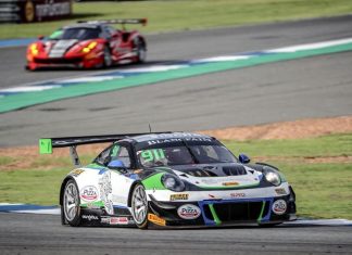 Thai driver Sandy Stuvik steers his Porsche 911 GT3 R at the Chang International Circuit in Buriram, Sunday, May 13.