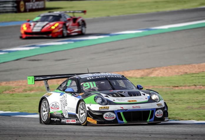 Thai driver Sandy Stuvik steers his Porsche 911 GT3 R at the Chang International Circuit in Buriram, Sunday, May 13.