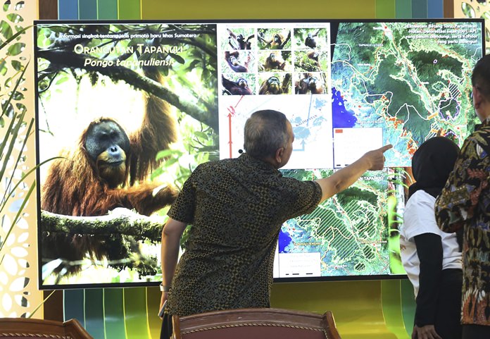 In this Nov. 3, 2017 file photo, Director General of Conservation of Natural Resources and Ecosystem at Indonesian Forestry Ministry Wiratno (center), inspects a screen displaying the map of Batang Toru Ecosystem in North Sumatra, Indonesia. (AP Photo/Tatan Syuflana)