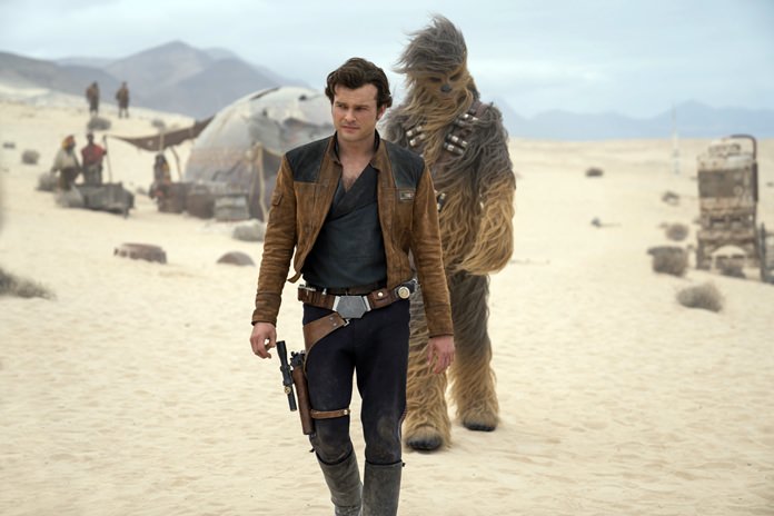 This image released by Lucasfilm shows Alden Ehrenreich and Joonas Suotamo in a scene from “Solo: A Star Wars Story.” (Jonathan Olley/Lucasfilm via AP)