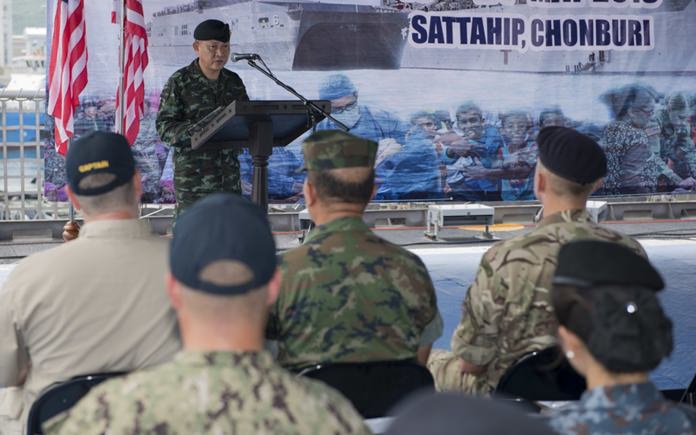 Royal Thai Armed Forces Maj. Gen. Suthon Muanpithak, Directorate of Joint Operations, delivers remarks during the opening ceremony of Pacific Partnership 2018 (PP18) Thailand aboard Military Sealift Command expeditionary fast transport ship USNS Brunswick (T-EPF 6). 