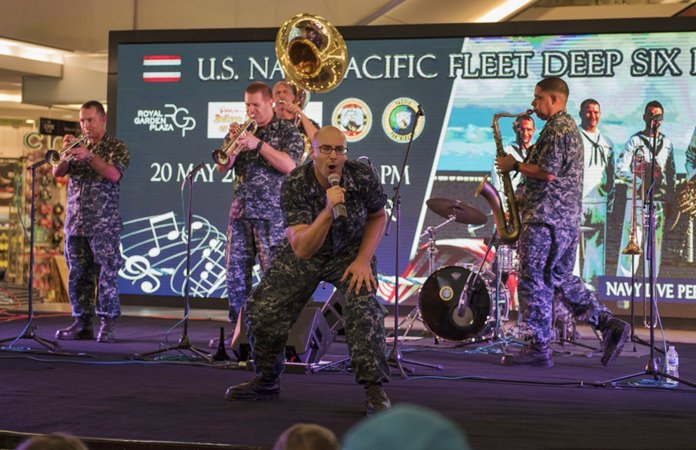 The U.S. Pacific Fleet Deep Six Brass Band performs at the Royal Garden Mall in Pattaya as a part of Pacific Partnership 2018 Thailand.
