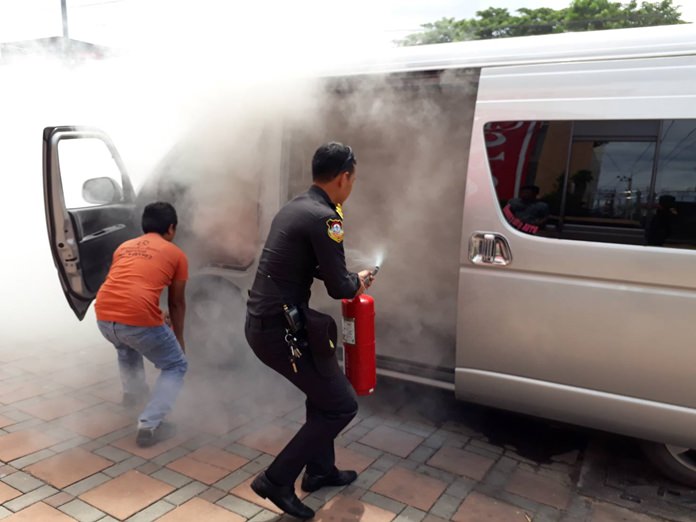 There were a few tense moments when a passenger van caught fire near the Caltex Gas Station on Sukhumvit Road in South Pattaya.