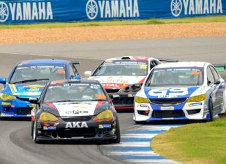 Tony Percy (front left) steers his Honda Integra DC5 through a corner at the Chang International Circuit during the Thailand Super Series event, Saturday, June 2 in Buriram. (Photo courtesy Thailand Super Series)