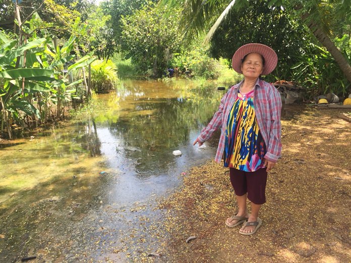 Resident Somnuek Huayai, 70, says the Pattaya Floating Market is flooding their neighborhoods by improperly managing vacant land next to the Pattaya tourist attraction.
