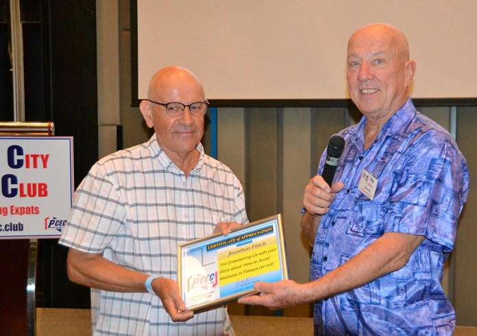 MC Roy Albiston provides the PCEC’s Certificate of Appreciation to Jonathan Finch.