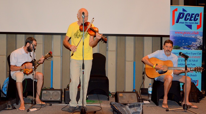 The “Fiddlin’ Around” group, Craig Dudgeon (left with mandolin), Peter Airey (center with fiddle), and Craig Thompson (right with guitar), provided an entertaining morning with folk and Irish music to the delight of their PCEC audience.