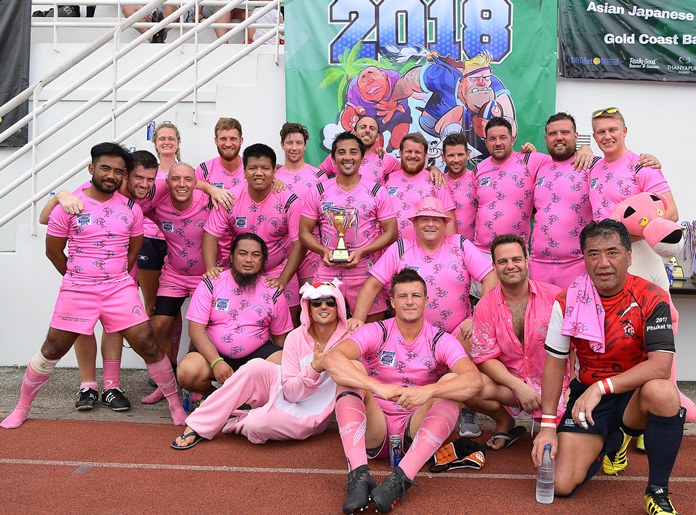 The Pattaya Panthers pose with their Bowl runner-up trophy at the Phuket International 10’s rugby tournament in Phuket, Sunday, May 27. (Photo/Naratip Golf Srisupab/SEALs Sports Images)