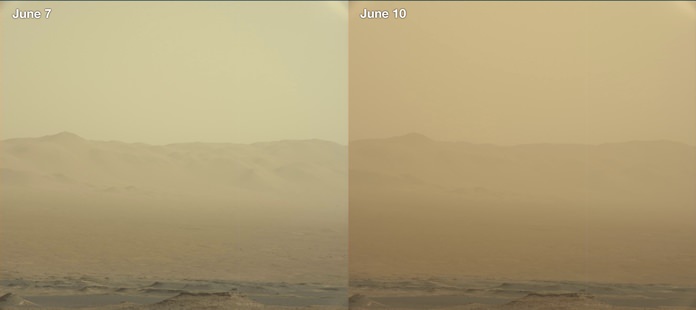 This combination of images made by NASA’s Curiosity rover shows the rim of the Gale Crater on June 7 and 10, 2018 during a major dust storm. The Opportunity rover, which is inside the crater, has fallen silent as the storm blots out the sun. (NASA/JPL-Caltech/MSSS via AP)