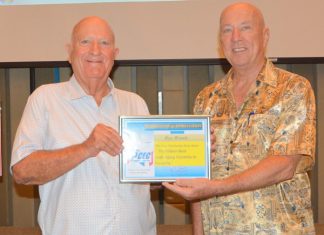 MC Roy Albiston presents Ray Woods with the PCEC’s Certificate of Appreciation for his informative and interesting presentation about his world travels.