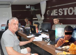 Belgian tourist Jean Mubert files a robbery report with deputy inspector, Pol. Capt. Thanin Kanpai at Pattaya police station against Waqar Ahmad (inset).