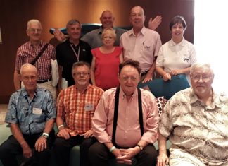 The current PCEC Governing Board poses for a photo after their 1 July 2018 meeting and election of officers. Front Row Left to Right: Richard Smith (Vice Chairman), Robert Smith, Allan Riddell, and Darrel Vaught. Back Row Left to Right: John Morris, Ron Hunter, Anne Smith, Roy Albiston (Chairman), and Judith Edmonds (Treasurer). Far back: Terry Albery (Secretary). Board Member Tom Loughney was in the USA and unavailable for the photo.