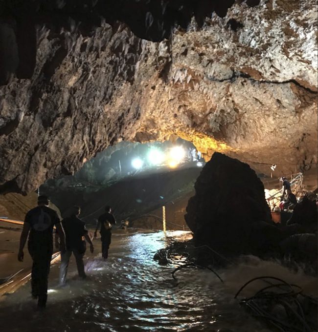 This photo tweeted by Elon Musk shows rescue efforts underway. Musk tweeted early Tuesday, July 10, he visited the cave and left a mini-submarine there for future use. (Courtesy of Elon Musk via AP)