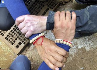 This undated photo released via the Thailand Navy SEAL Facebook page on Sunday, July 8, 2018, shows rescuers hands locked with a caption reading "We Thai and the international teams join forces to bring the young Wild Boars home" where 12 boys and their soccer coach have been trapped since June 23 in a cave in Mae Sai, Chiang Rai province, northern Thailand. The operation has begun to rescue 12 boys and their soccer coach who will need to dive out of the flooded Thai cave where they have been trapped for more than two weeks, with officials saying Sunday morning that "today is D-Day. (Thailand Navy SEAL Facebook page via AP)