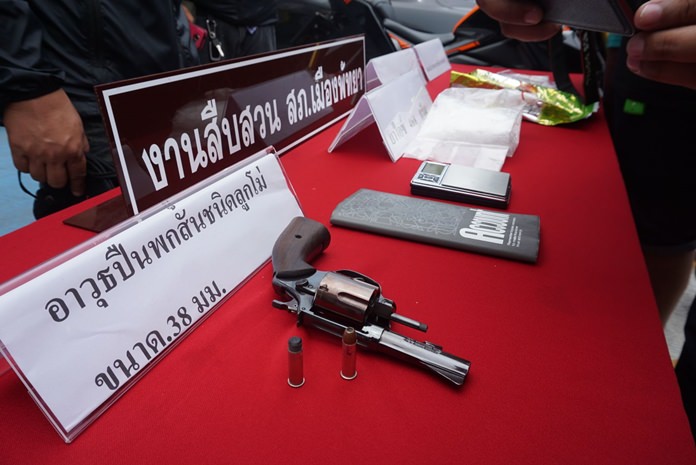 Pattaya police arrested a married couple with nearly a half-kilogram of crystal methamphetamine and a loaded 38-caliber handgun.