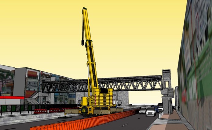 An artist’s rendering of the crane being brought in to work on the wheelchair-accessible pedestrian bridge over Sukhumvit.