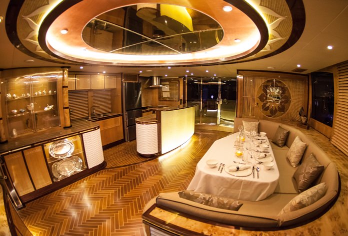 Eight varieties of top quality wood are used to create the luxurious saloon on the Heliotrope 65 catamaran.