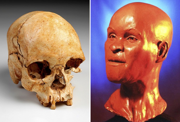This combination of two undated handout photos provided by Brazil’s National Museum shows the skull of Luzia Woman, left, and a reconstruction of Luzia, right, at the National Museum of Brazil in Rio de Janeiro. In the mid-1990s, tests by scientists determined it was the oldest fossil in the Americas. It was given the name “Luzia,” homage to “Lucy,” the famous 3.2-million-year-old remains found in Africa. (Museu Nacional Brasil via AP)