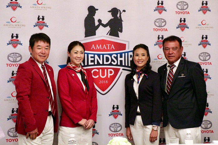 (From left) team captains Naomichi “Joe” Ozaki and Miho Koga from Japan and Virada Nirapathpongporn and Boonchu Ruangkit pose for a photo during the press announcement for the inaugural Amata Friendship Cup at Amata Spring Country Club in Chonburi.