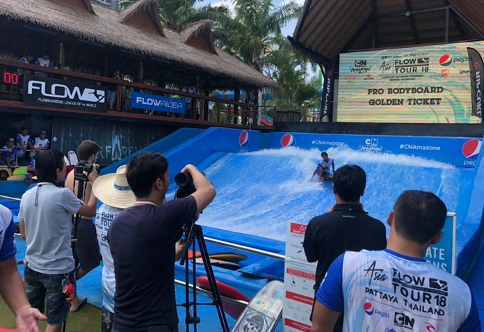 Wave riders compete in front of fans and local media during the Asia Flow Tour 2018 flow-riding competition at Cartoon Network Amazone Waterpark on September 22.