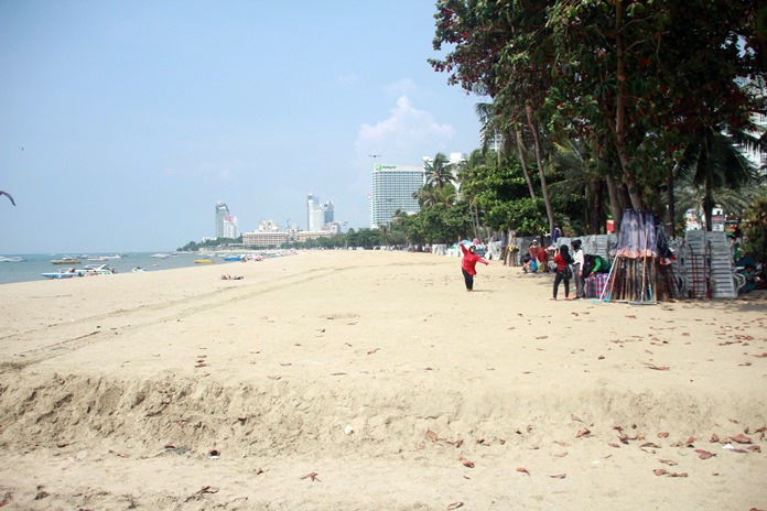 Despite trenches being cut in the freshly laid sand, Pattaya Beach generally is looking healthier now that the beach-restoration effort has reached its mid-point.