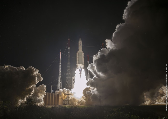 In this photo released by European Space Agency (ESA), the Ariane 5 rocket carrying BepiColombo lifts off from its launch pad at Kourou in French Guiana, for the mission to Mercury, Saturday, Oct. 20, 2018. (JM Guillon/2018 ESA-CNES-Arianespace via AP)