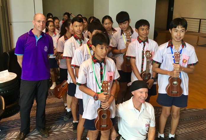 Ready to go. Bamboo School students enter the PCEC meeting room to give their wonderful ukulele concert.