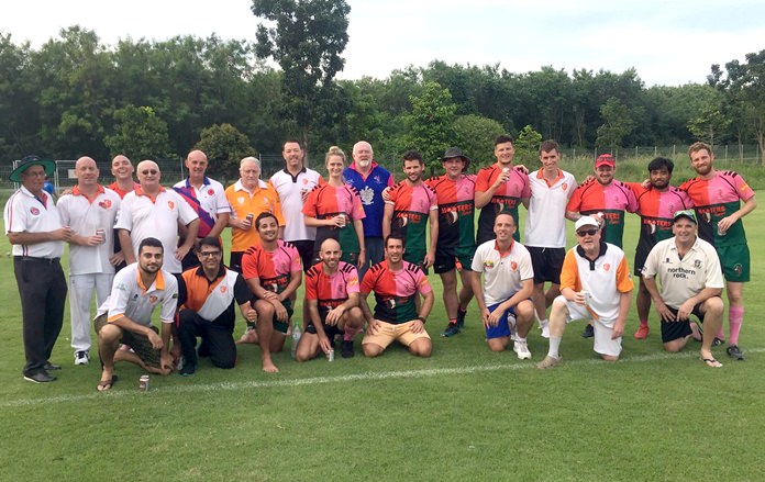 Pattaya Cricket Club and Pattaya Panthers players pose for a group photo at St. Andrews International School, Sunday, November 11.