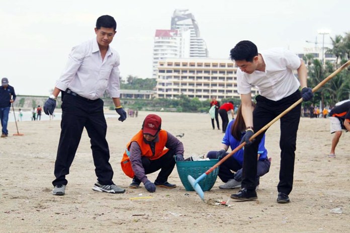 Pattaya officials led by Deputy Mayor Poramet Ngampichet arrived on the beach for a well-publicized cleanup to find that beach vendors, allowed to work until 2 a.m., had done much of the job for them.