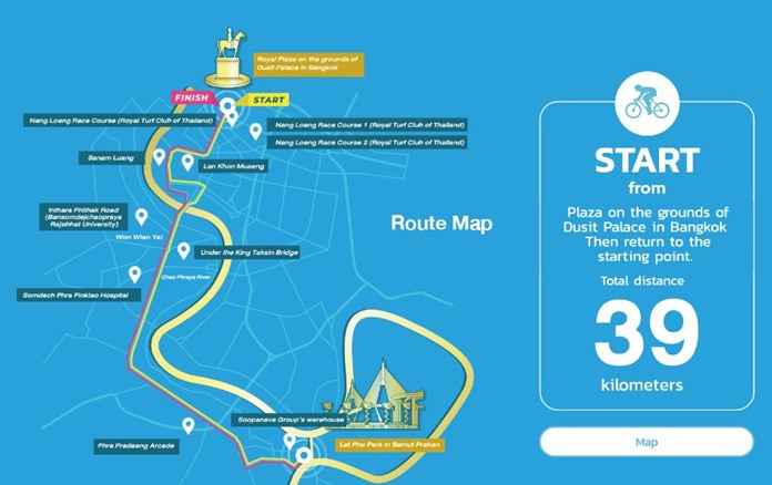 The 39-kilometer course from the Royal Plaza to Lat Pho Park in Phra Pradaeng.