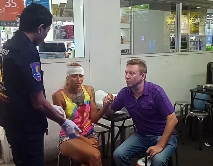 Pattaya baht bus driver Chayapat Rithbamrung (not shown) was fined 1,000 baht for reckless driving causing injury when he slammed on the brakes sending Vera Ivanova into a roof support.