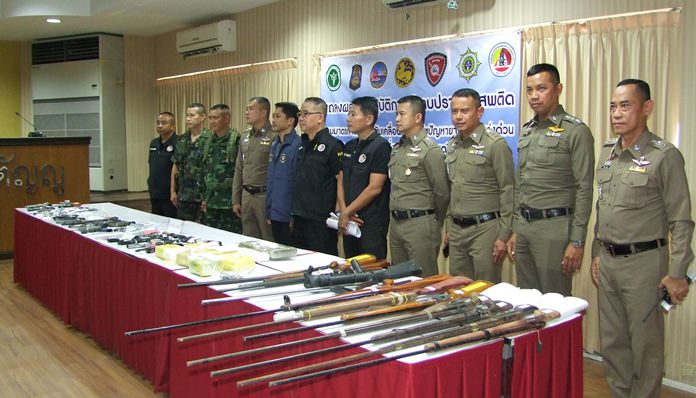 Chonburi authorities seized more than 80,000 methamphetamine tablets and nearly 19 million baht in assets, including 28 guns and 237 rounds of ammunition in the first of a three-month narcotics crackdown.