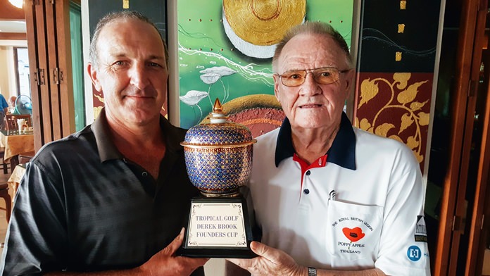 Rob Brown (left) receives the champion’s trophy from Derek Brook.