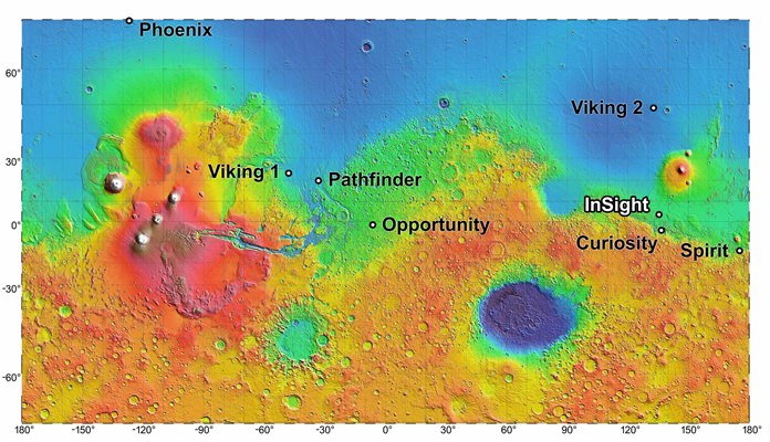 This image made available by NASA shows a map of the landing sites for current and past NASA missions to the planet Mars. (NASA via AP)